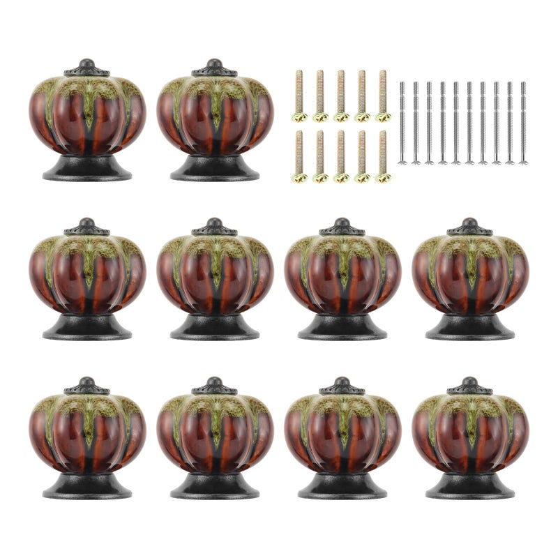 Mgoodoo 10pcs Green Pumpkin Drawer Knobs, Decorative Ceramic Handle Vintage Dresser Pull with Leopard Print for Kitchen Cabinet Door Cupboard Closet Single Hole - Image 1